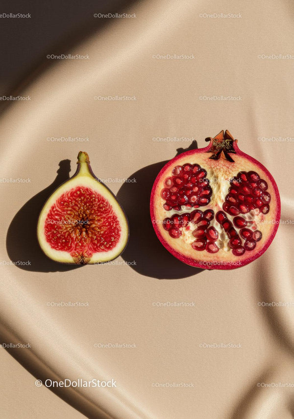 Fresh fig and pomegranate halves on beige fabric