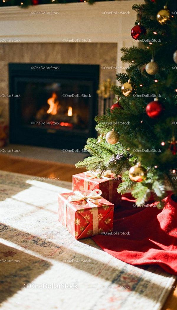 Cozy Christmas scene with gifts by the fireplace