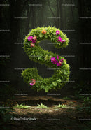 Lush Green Floral Letter S in Mystical Forest