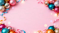 Colorful Christmas ornaments and ribbons on pink background