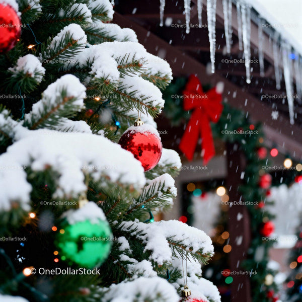 Snow-covered Christmas tree with festive red and green ornaments