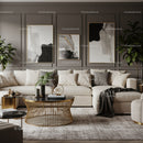 Modern living room with beige sofa and gold accents