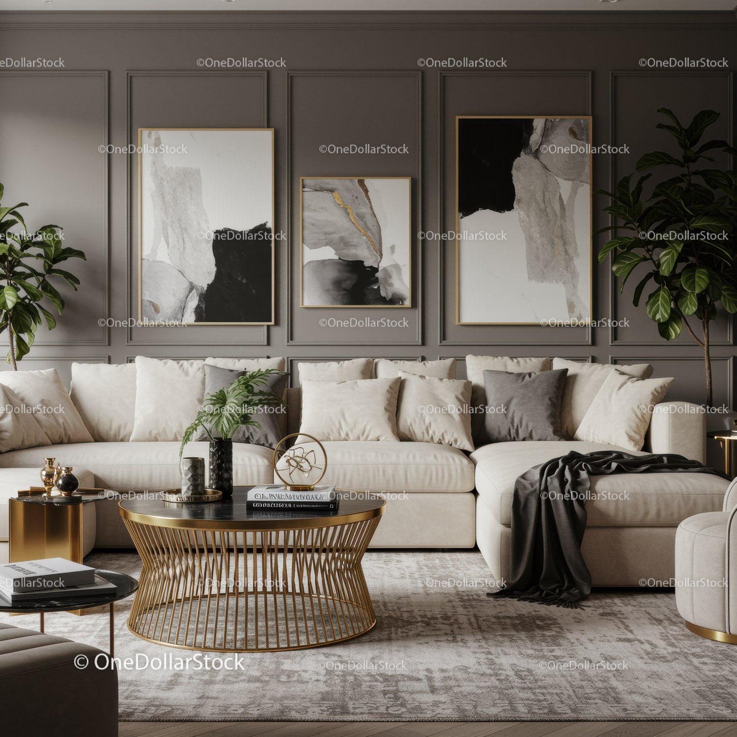 Modern living room with beige sofa and gold accents