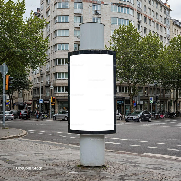 Empty cylindrical billboard at urban city intersection JPG Mockup Image