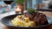Juicy Gourmet Steak with Mashed Potatoes and Fresh Herbs