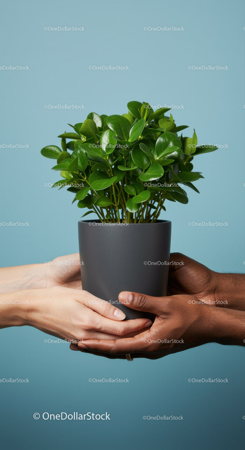 Two pairs of hands holding green potted plant together