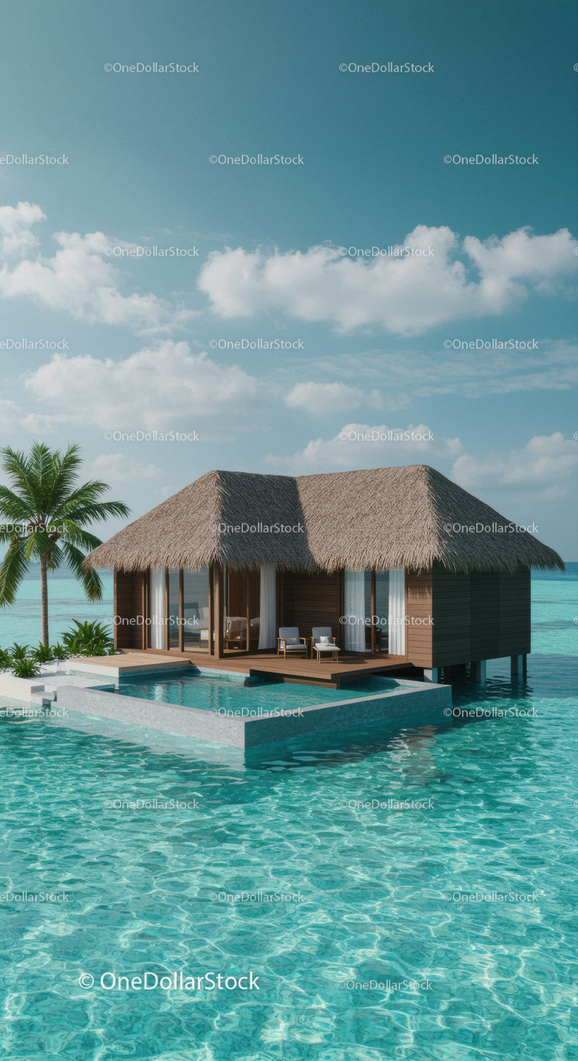 Luxury Overwater Bungalow with Pool and Palm Trees by the Ocean
