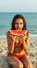 Young Woman Enjoying Watermelon at the Beach in Red Bikini