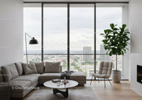 Bright Modern Living Room with City View and Indoor Plant