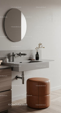Modern Minimalist Bathroom with Wall-Mounted Sink and Leather Pouf