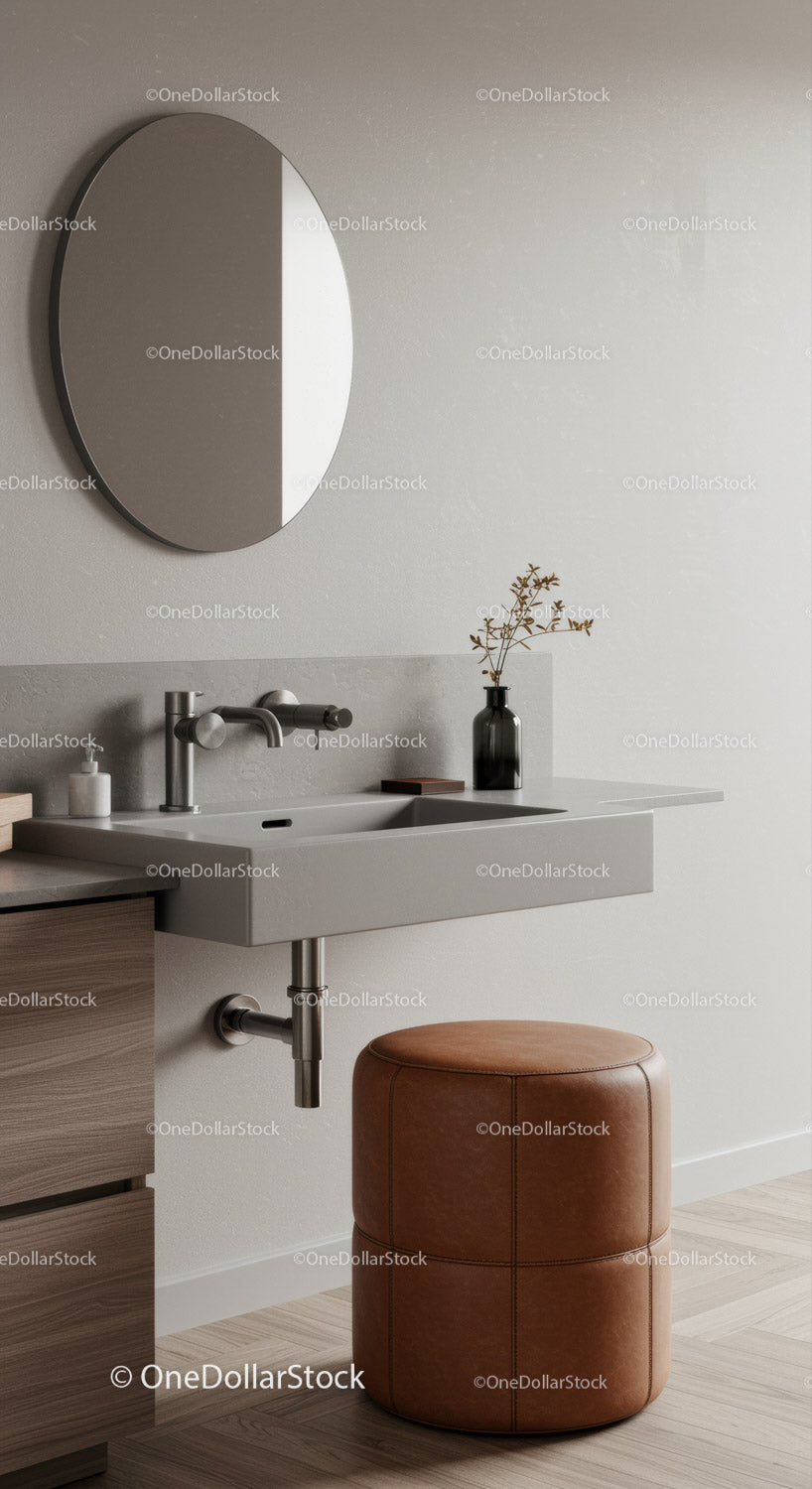 Modern Minimalist Bathroom with Wall-Mounted Sink and Leather Pouf