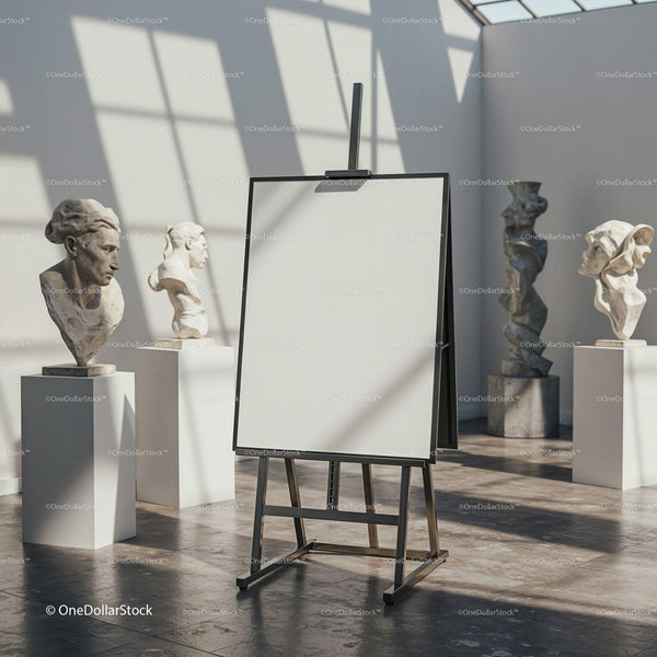 Blank Canvas on Easel Surrounded by Sculptural Busts JPG Mockup Image