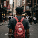 Young Man in Casual Attire with Pink Backpack Walking in City Street