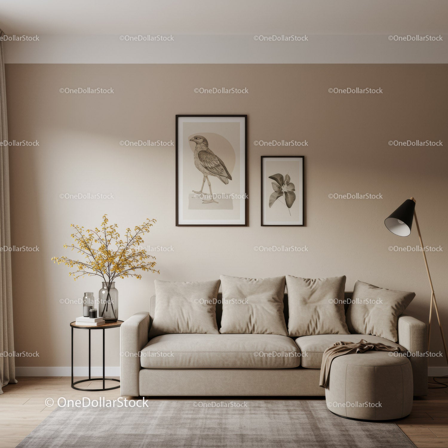 Elegancki salon z beżową sofą i artystyczną dekoracją ścienną