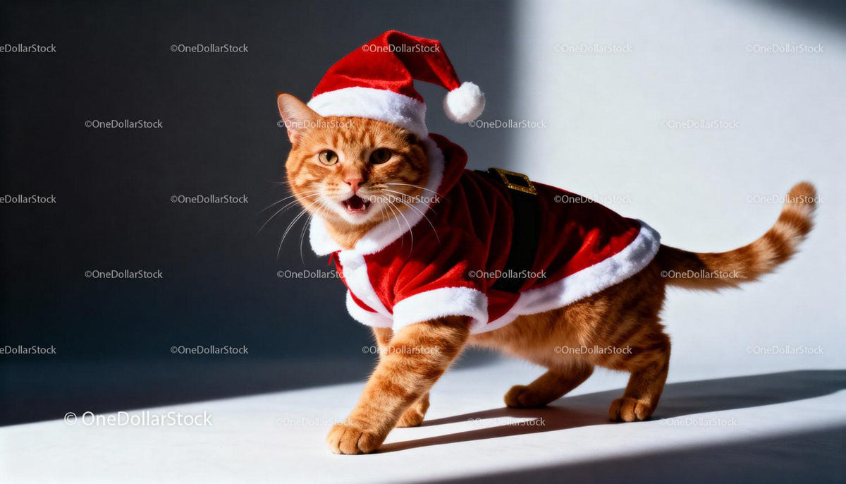 Ginger Cat Dressed as Santa Claus Walking