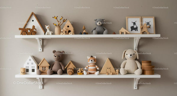 Cute Plush Teddy Bear and Animal Toys on Nursery Wall Shelves