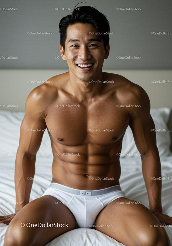 Fit young man smiling confidently on bed in white briefs