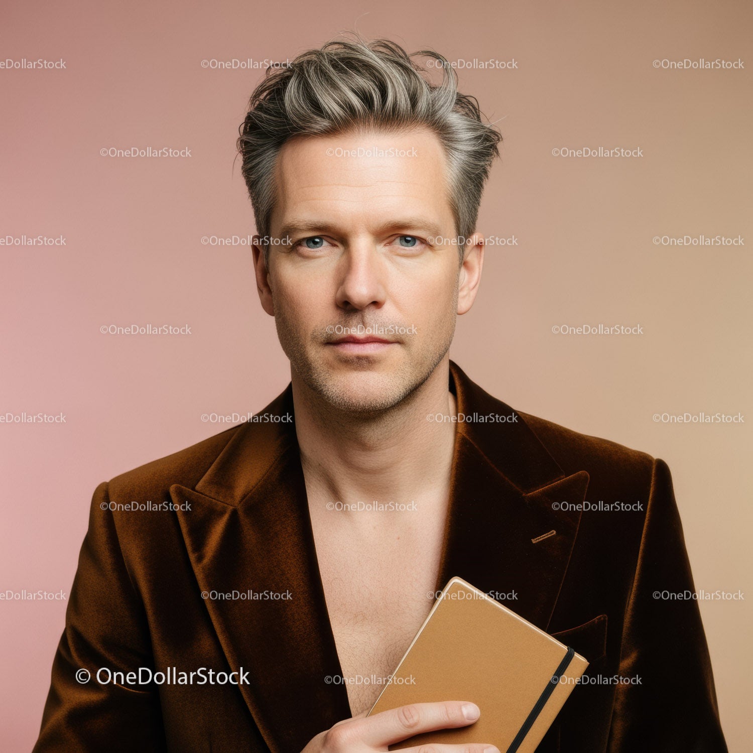 Stylish Confident Man in Brown Velvet Jacket Holding Notebook