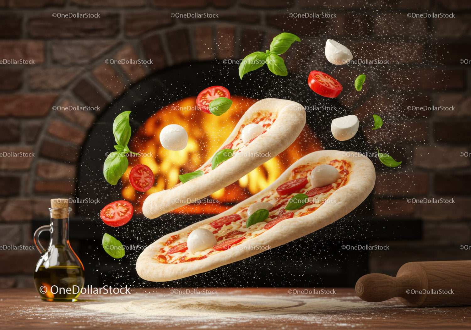 Fresh pizza ingredients flying near wood oven fire