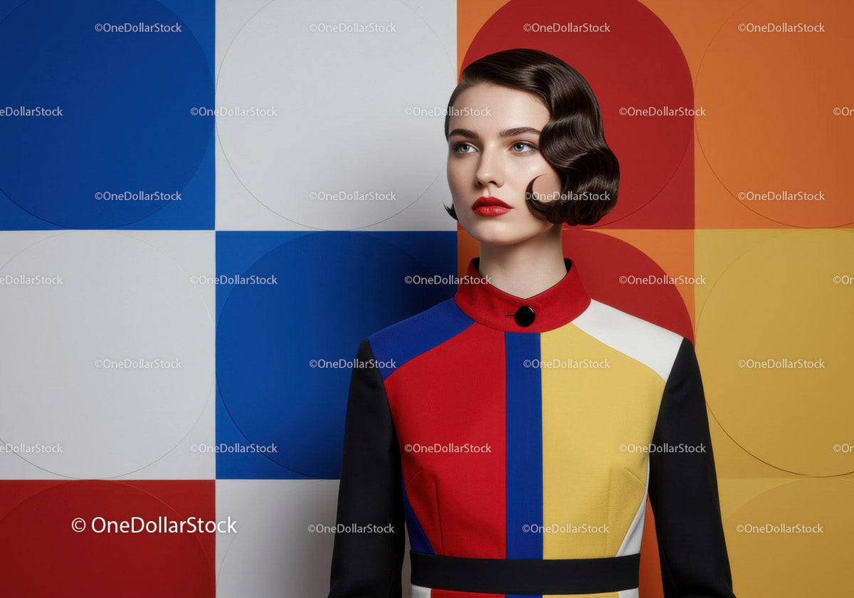Woman in Bold Colorblock Dress Against Geometric Wall