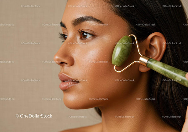 Woman Using Jade Roller for Facial Skincare and Rejuvenation