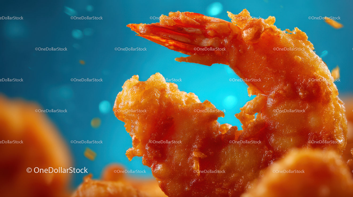 Crispy Fried Shrimp with Golden Batter on Blue Background