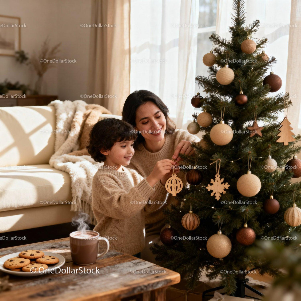 Mother and son decorating Christmas tree at home