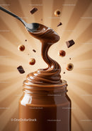 Creamy chocolate spread swirling from spoon with hazelnuts