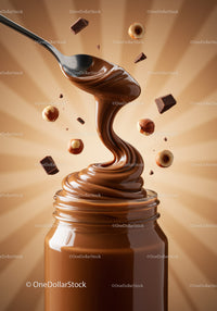 Creamy chocolate spread swirling from spoon with hazelnuts