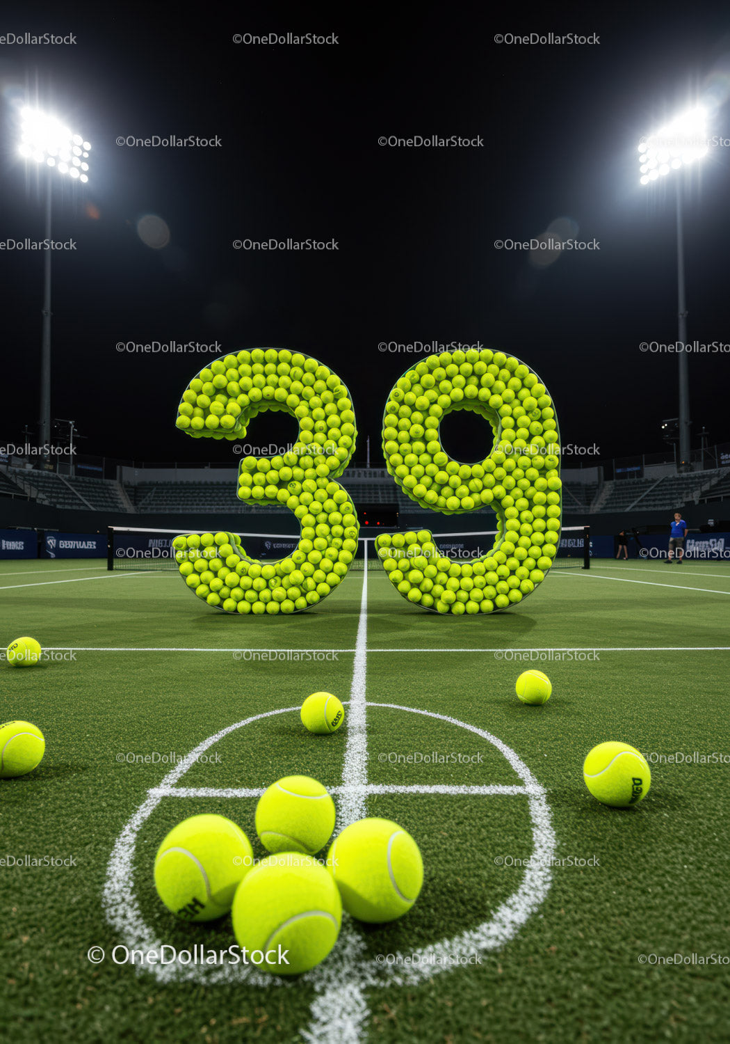 Tennis Balls Arranged in Number 39 on Court at Night