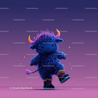 Whimsical Blue Monster with Horns in a Starry Fantasy Scene