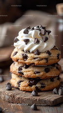 Chocolate Chip Cookies with Whipped Cream Topping on Wooden Board