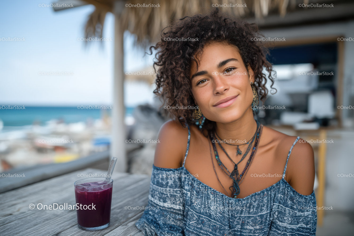Young Woman Smiling at Beachside Cafe with Tropical Vibe