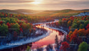 Autumn River Meandering Through Snowy Forest at Sunset