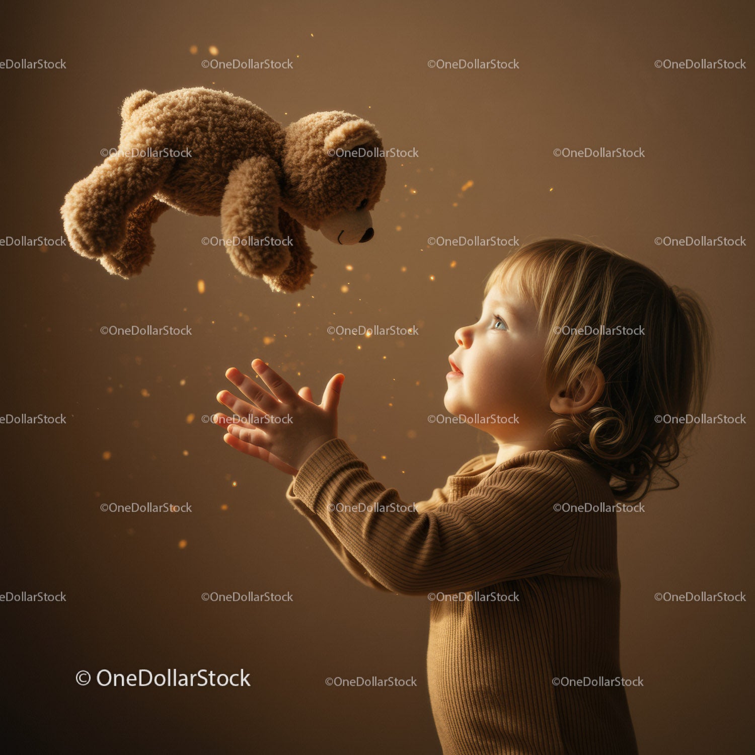 Toddler Reaching for Floating Teddy Bear with Wonder