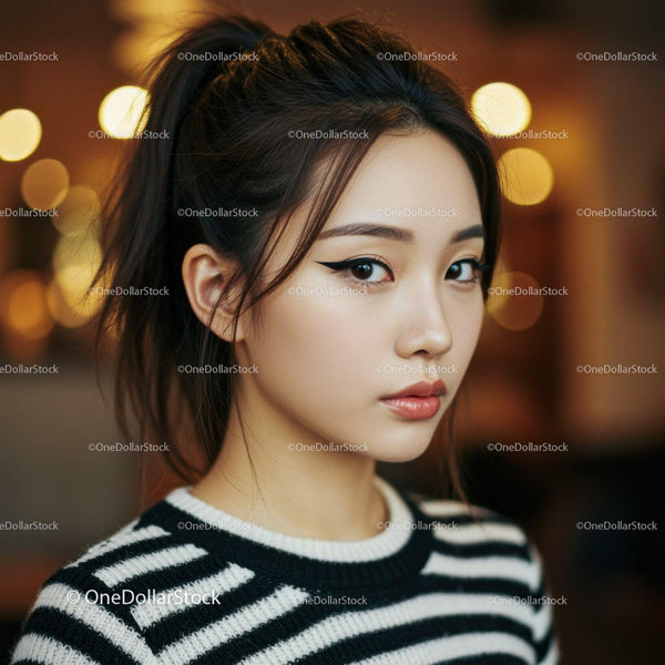 Young Woman with Winged Eyeliner and Striped Sweater in Evening Light