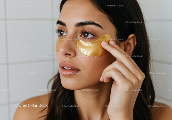Woman Applying Gold Eye Patches for Skincare Wellness