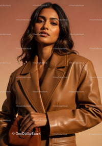 Elegant Woman Wearing Brown Leather Jacket with Confident Pose