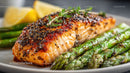 Perfectly Grilled Salmon Fillet with Asparagus and Lemon Wedges