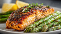 Perfectly Grilled Salmon Fillet with Asparagus and Lemon Wedges