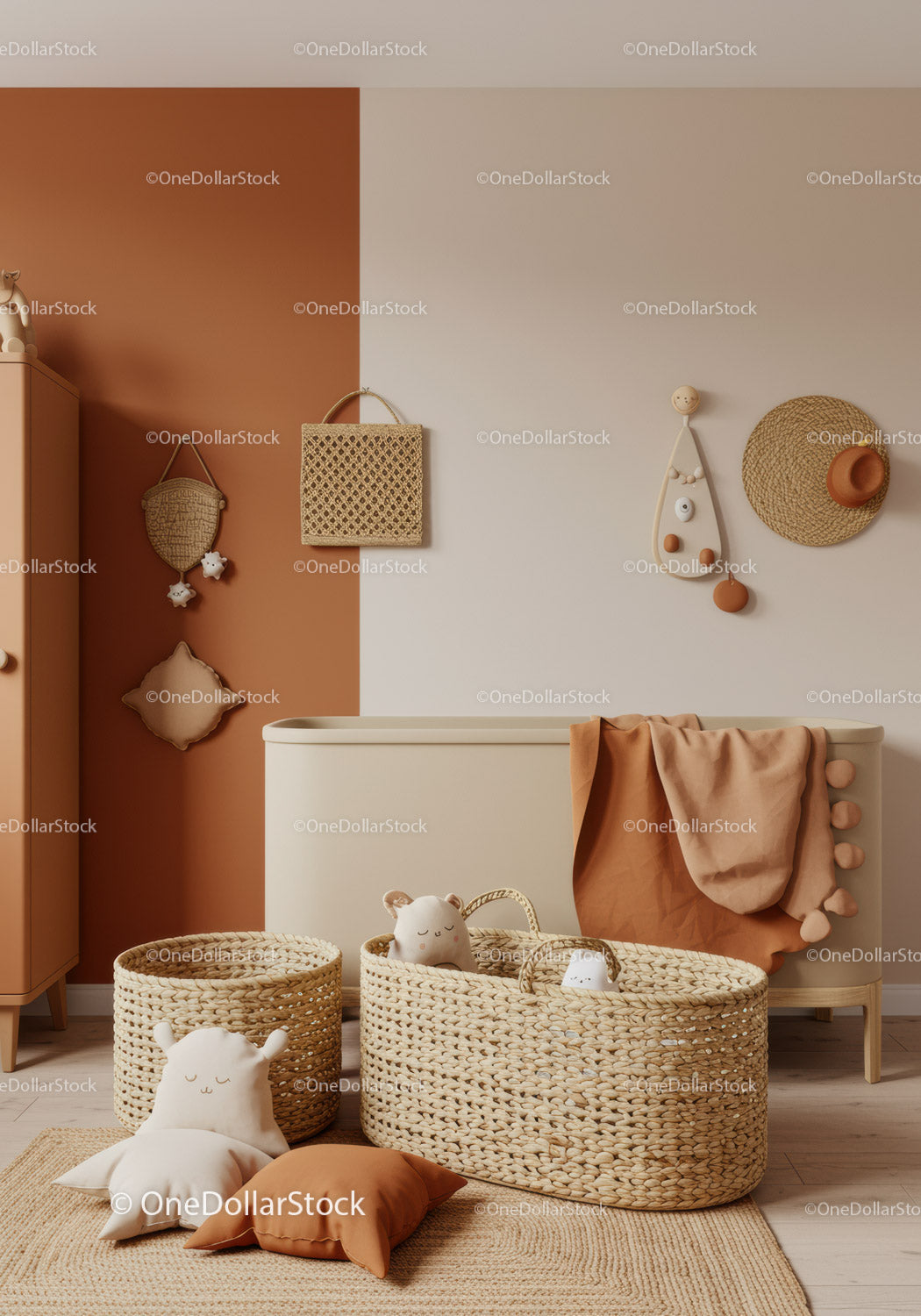 Stylish Nursery Room with Beige and Terracotta Accents and Woven Storage Baskets
