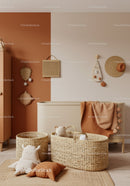 Stylish Nursery Room with Beige and Terracotta Accents and Woven Storage Baskets