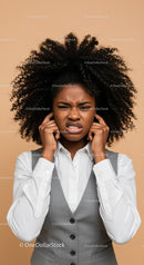 Confused Woman with Curly Hair Expressing Frustration in Business Attire