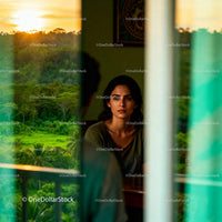 Contemplative woman reflecting indoors at sunset