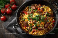 Beef and Mushroom Pasta in a Cast Iron Skillet with Cherry Tomatoes