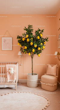 Lemon Tree in Stylish Nursery with Cozy Furniture and Pastel Walls