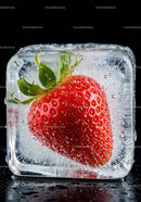 Fresh strawberry frozen inside clear ice cube