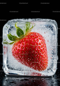 Fresh strawberry frozen inside clear ice cube