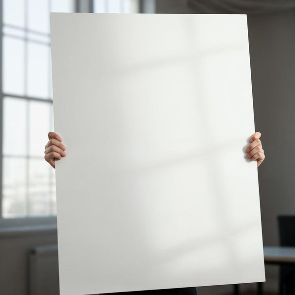 Person Holding Blank White Poster in Modern Office JPG Mockup Image