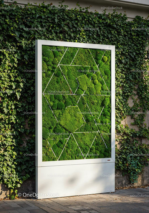 Modern Green Moss Wall Art with Geometric Design for Exterior Use JPG Mockup Image
